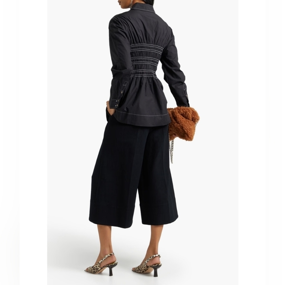 GANNI Women's Shirred organic cotton-poplin Black Blouse Size Small - Picture 4 of 17